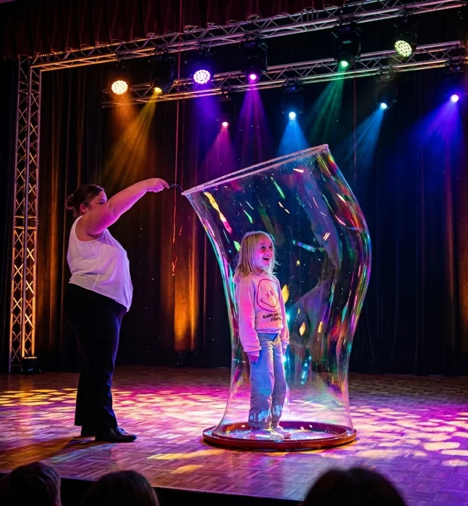 Une enfant au centre d’une bulle de savon géante, accompagnée sur scène.