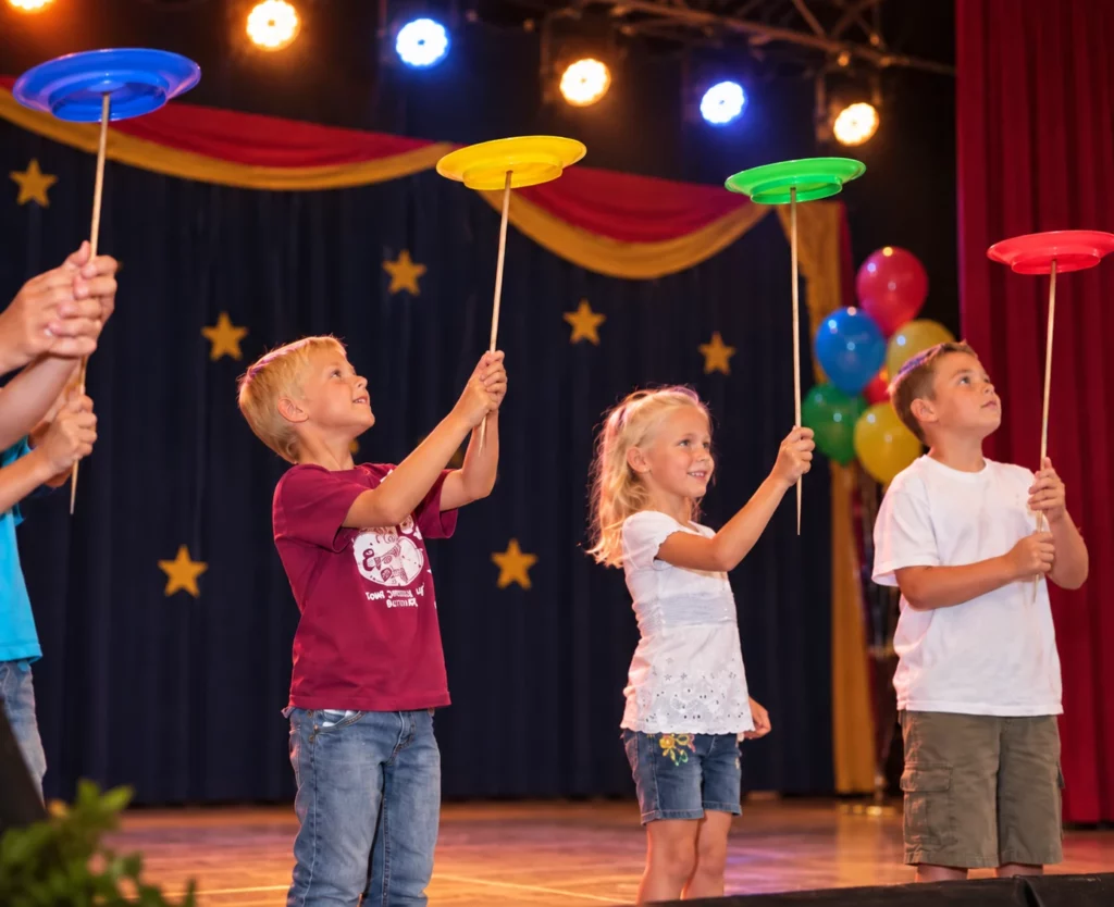 Des enfants participent au spectacle en faisant tourner des assiettes colorées.